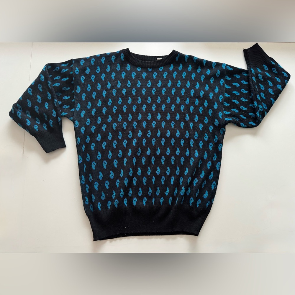 Vintage Black Sweater with Blue Paisley Pattern Ladies Large